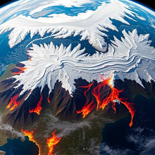 Immagine satellitare della Terra che mostra gli effetti del cambiamento climatico, come lo scioglimento dei ghiacciai e gli incendi boschivi