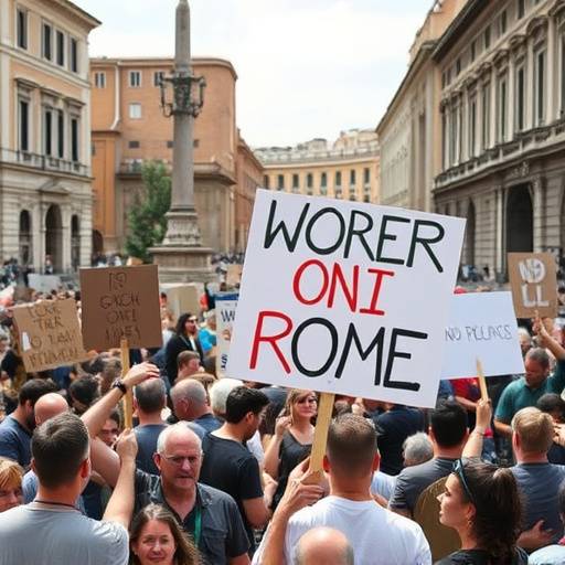 Manifestazione di piazza a Roma per i diritti dei lavoratori.