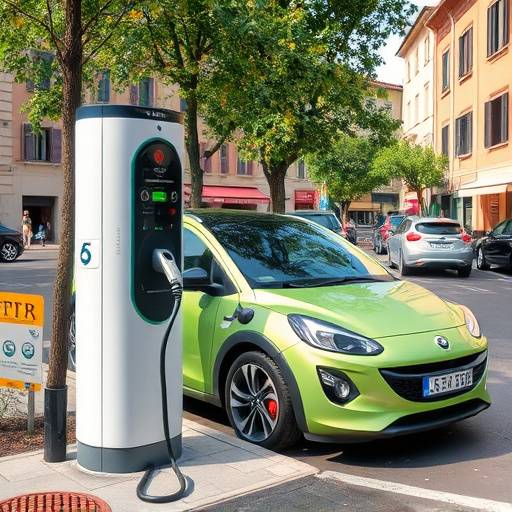 Una stazione di ricarica per auto elettriche in una citt&agrave; italiana, con diverse auto in carica.
