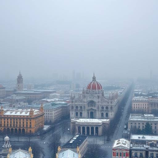 Veduta panoramica di Milano sotto una leggera nevicata.